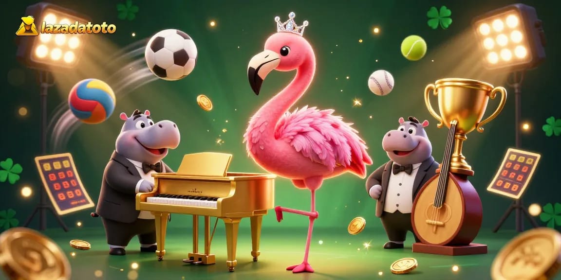 Lazadatoto features a vibrant casino scene with a flamingo singer and hippo bassist, enhancing the betting experience.
