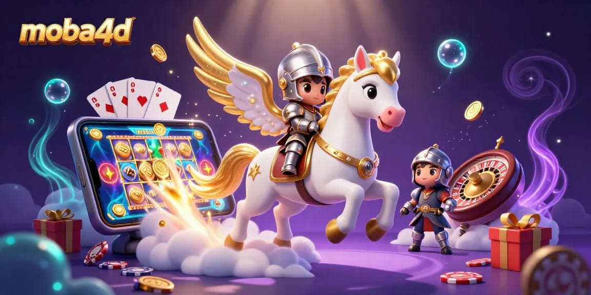 moba4d offers a dynamic gaming scene with a magical horse and a knight, showcasing vibrant casino elements.
