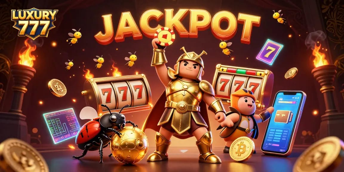 Menghidupkan LUXURY 777 dengan permainan slot beruntung, simbol jackpot, dan karakter unik dengan latar belakang yang glamor.