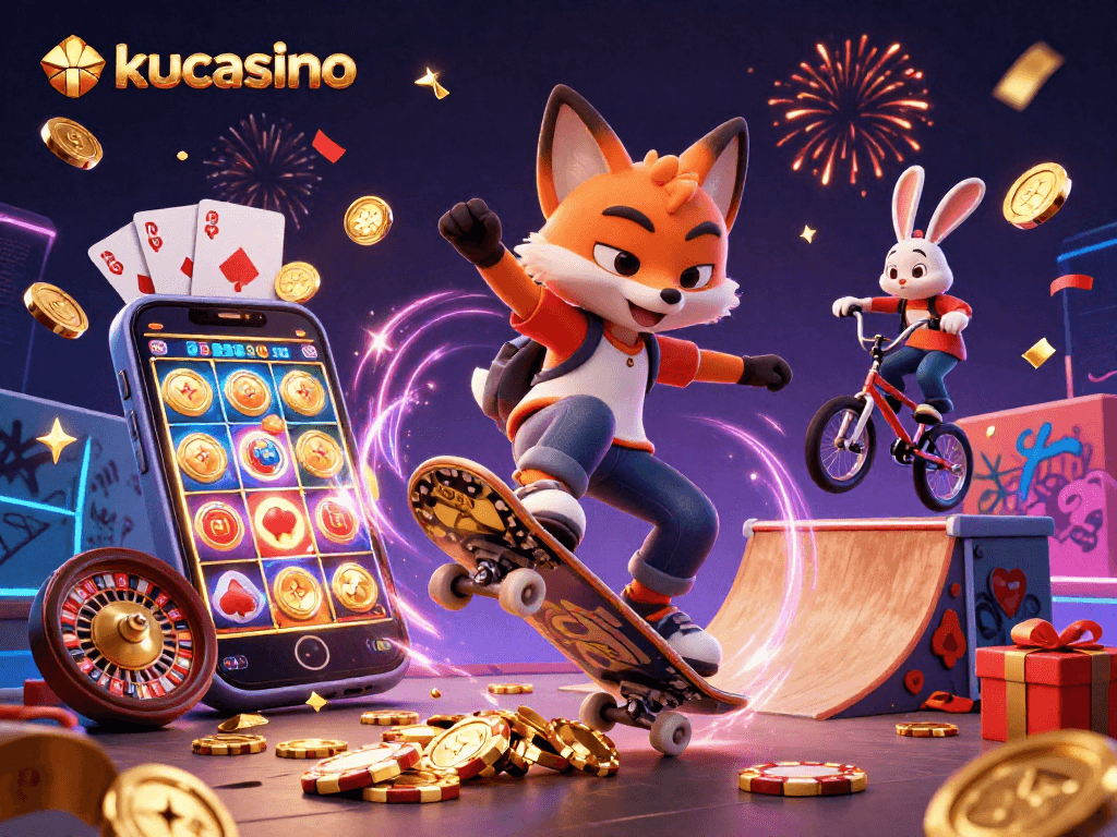 Experience the excitement of kucasino with a colorful scene featuring a skateboard fox and BMX rabbit amidst casino-themed elements.