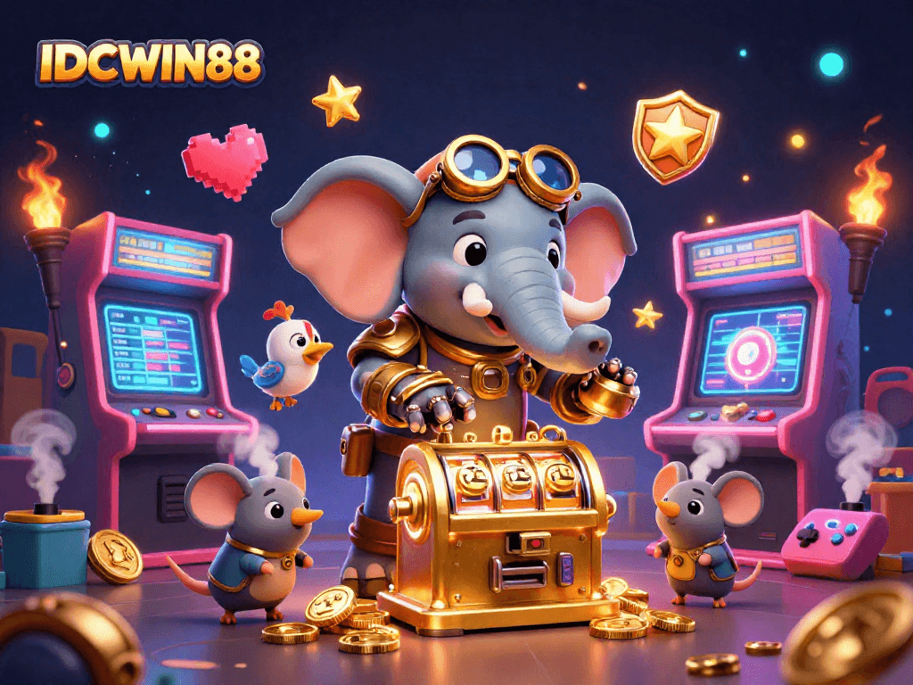 Experience thrilling slots and games at IDCWIN88 with a steampunk elephant engineer and vibrant casino elements.