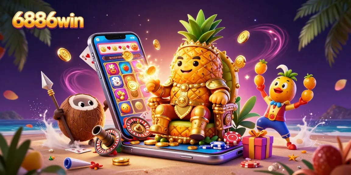 Experience the excitement of 6886win in a vibrant casino scene with a golden pineapple king and dynamic game elements.