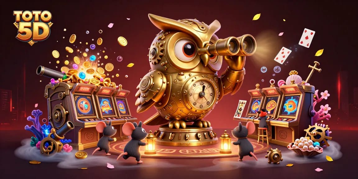 TOTO 5D memperlihatkan ramalan keberuntungan dengan karakter kartun 3D di kasino yang penuh dengan pesta koin dan permainan kartu.