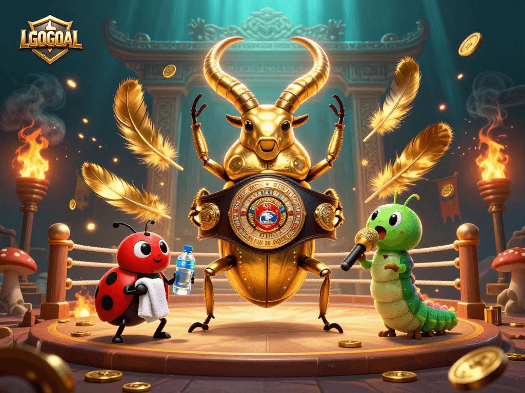 Discover LGOGOAL's thrilling gaming scene with a golden stag beetle champion amidst vibrant casino elements.