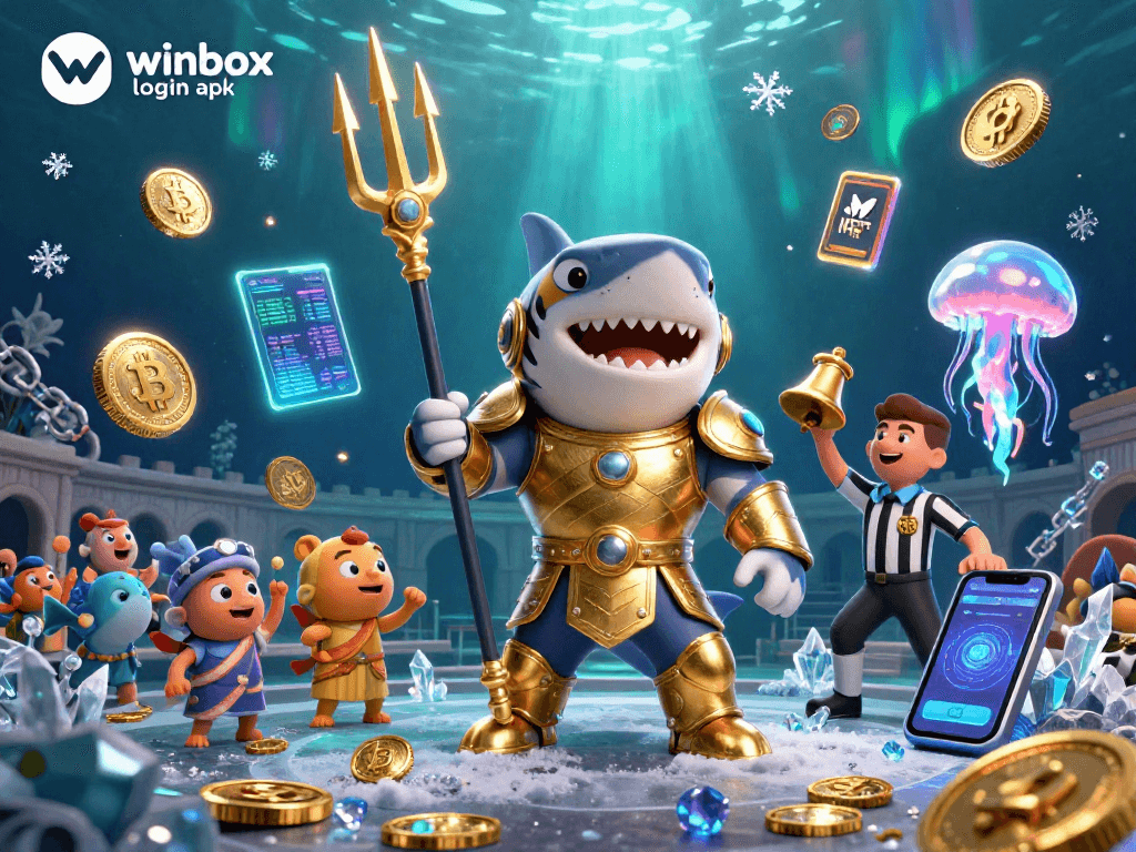 Engage with the dynamic winbox login apk scene featuring a tiger shark and crypto elements in a casino-themed illustration.