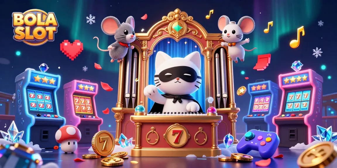 BOLA SLOT showcases vibrant 3D casino elements with slot reels and charismatic characters in action.