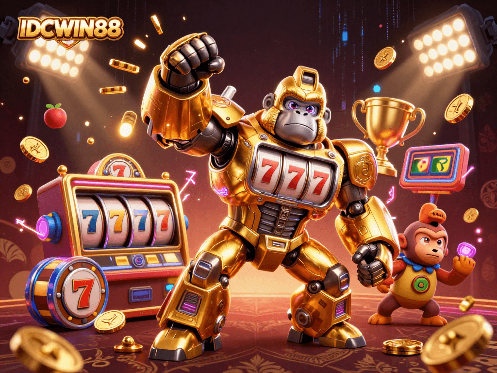 Engage with IDCWIN88's vibrant casino experience showcasing a dynamic golden gorilla mech amidst slot game elements.