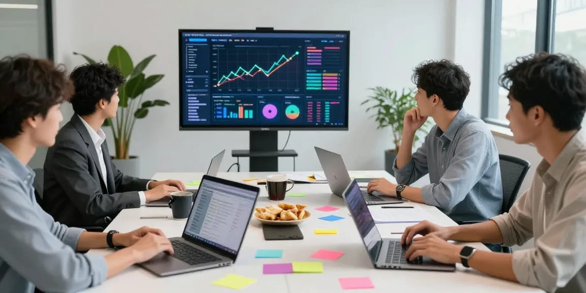Marketing professionals collaborating with AI marketing tools in a vibrant office environment.