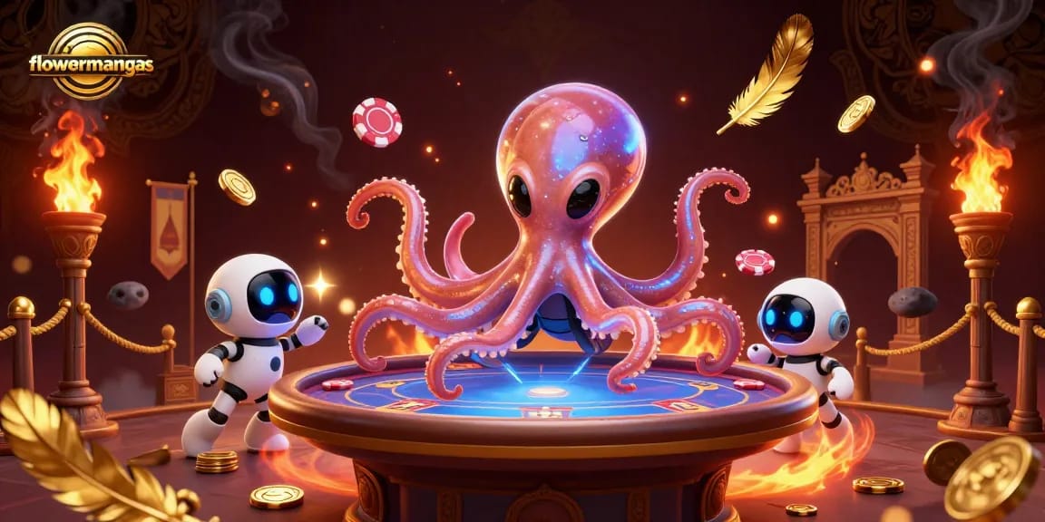 Permainan poker epik di flowermangas dengan karakter alien mencolok dan chip asteroid berputar.