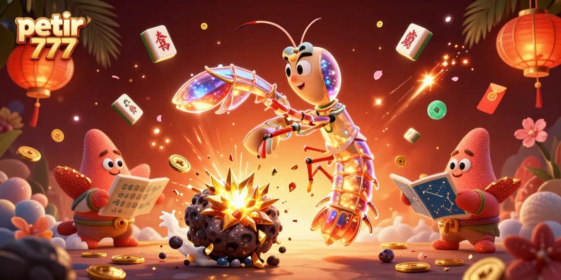 Experience the excitement of petir 777 with a galactic samurai shrimp surrounded by gems and coins in this vibrant illustration.