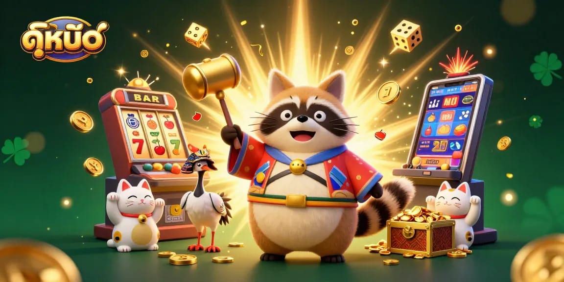 Experience ดูหนังออนไลน์ with excitement as a cheerful tanuki and fortune cats celebrate wins among casino games.