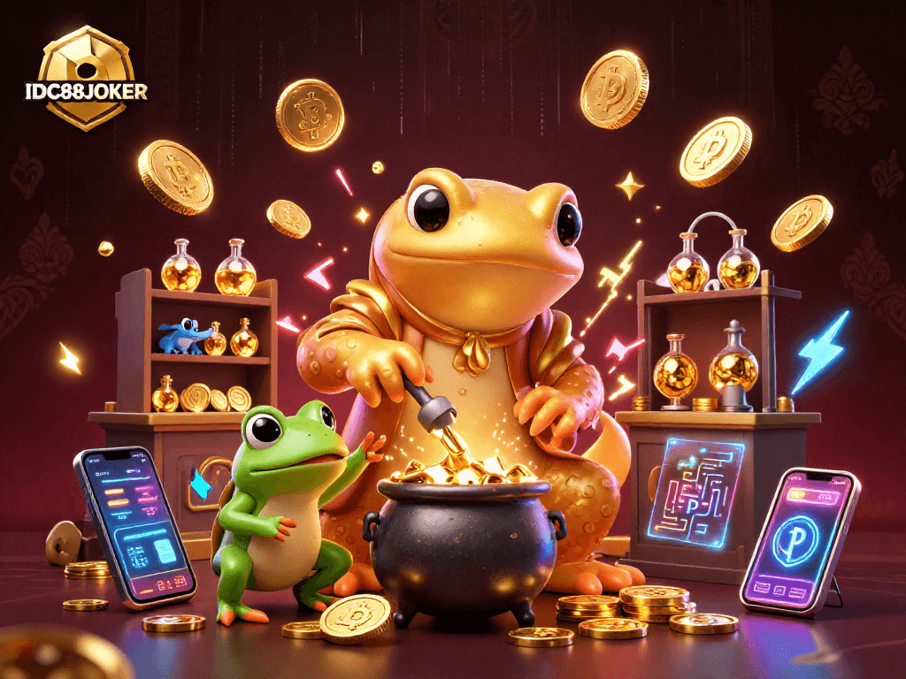 Experience thrilling gameplay at IDC88JOKER with this vibrant 3D illustration of alchemy and crypto.
