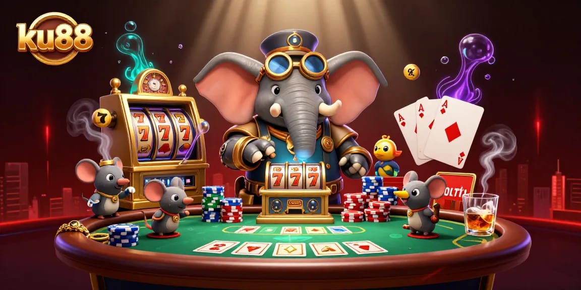 ku88 illustrates a whimsical steampunk elephant playing slots amidst poker action.