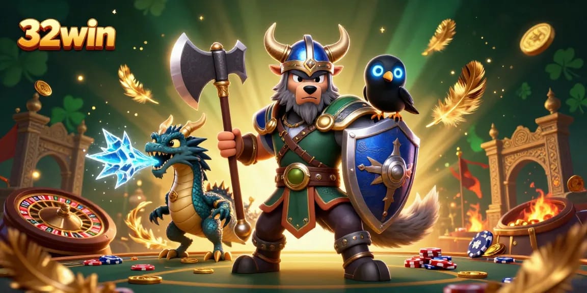 Experience thrilling gameplay at 32win with our dynamic Viking casino illustration featuring epic characters and magical elements.