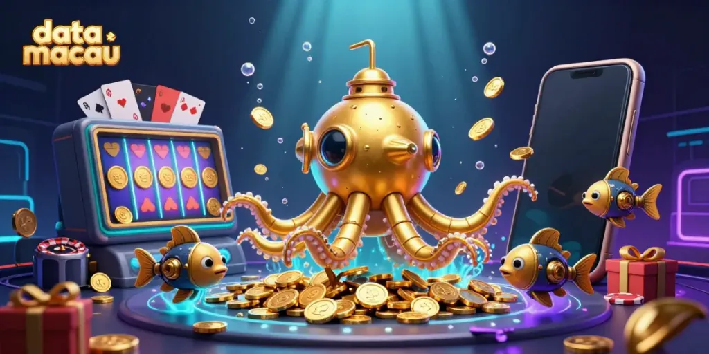 Experience data macau with a vibrant scene of a kraken submarine surrounded by coins and gaming elements.