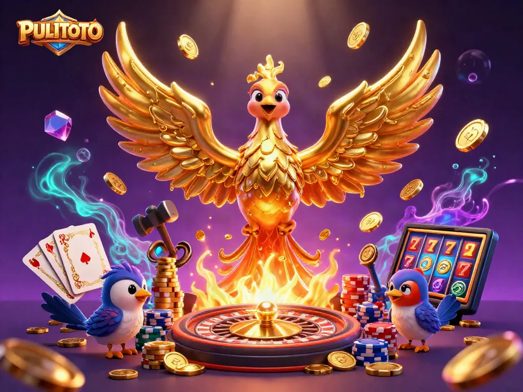 PULITOTO showcases a vibrant 3D scene with a molten metal phoenix and casino elements, highlighting exhilarating gaming action.
