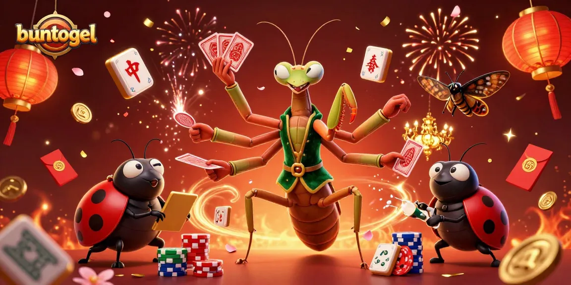 buntogel players enjoying a vibrant 3D casino scene with giant praying mantis card sharp, ladybug pit boss, and celebratory elements.