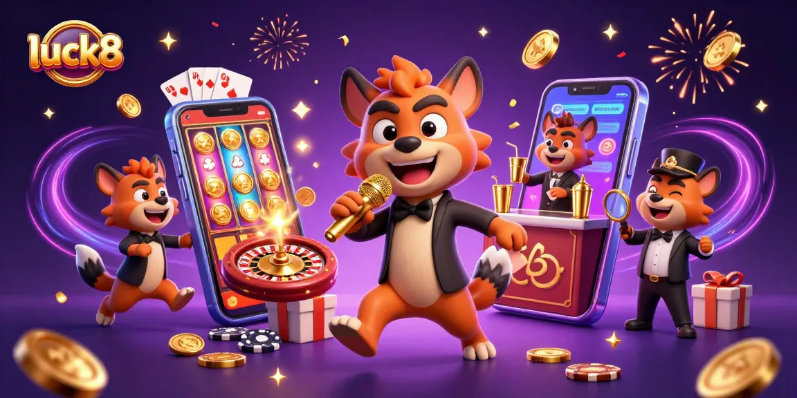 Engage with luck8's vibrant gaming experience as hyenas run a comedy casino, showcasing festive slot games.