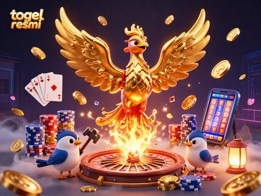 Gambarkan togel resmi dengan phoenix emas, koin mengalir, dan elemen permainan kasino yang memukau.