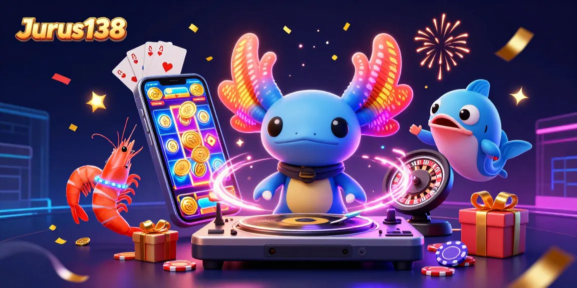 Engage with Jurus138's vibrant casino scene featuring neon axolotl DJ and lively shrimp dancers amidst rich gaming visuals.