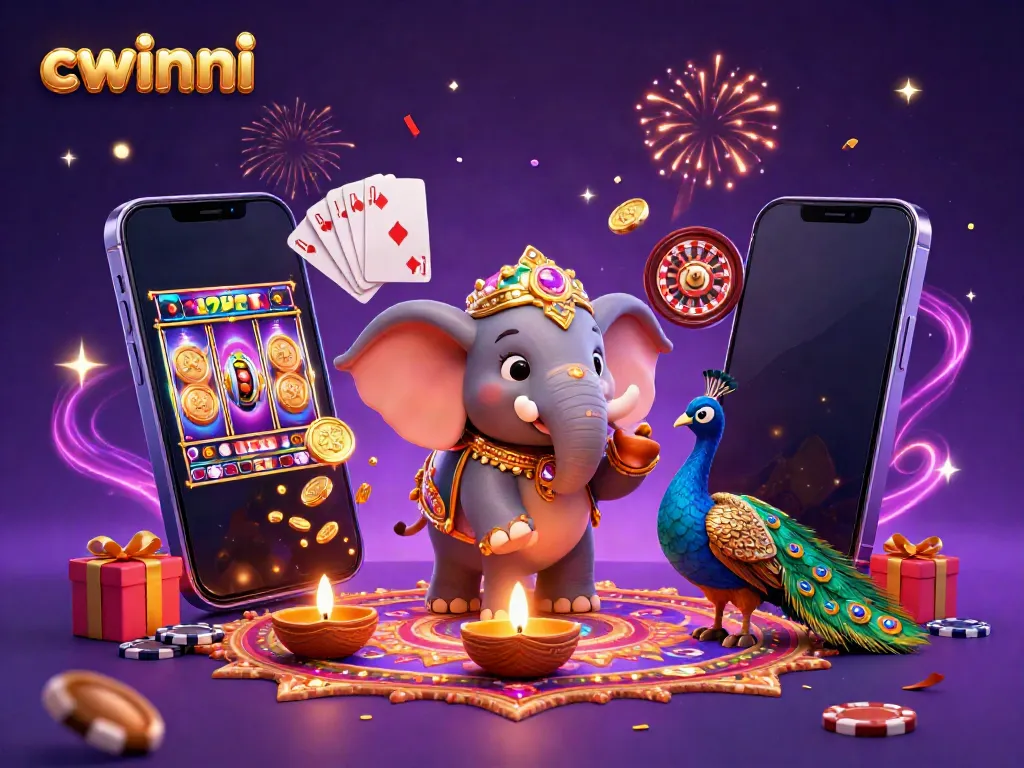 Experience vibrant online gaming with cwinni in this rich 3D illustration featuring a festive elephant and casino elements.