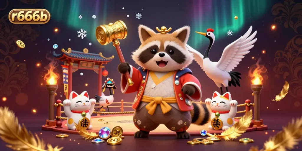 Engage with r666b's thrilling scene featuring lucky tanuki and vibrant maneki-neko in a festive casino atmosphere.