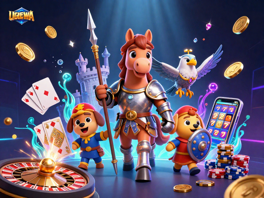 Spin and win with UGDEWA in a vibrant casino-themed 3D gaming illustration.