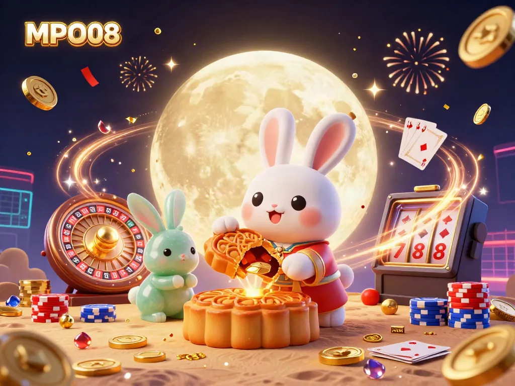 MPO08 captures an enchanting scene with a cartoon moon rabbit cracking mooncakes to reveal poker chips amidst sparkling coins and cards.