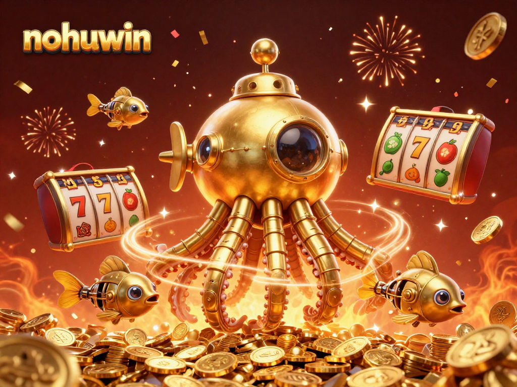 Experience the thrill of winning at nohuwin with a golden kraken submarine amidst jackpot slots and coins.