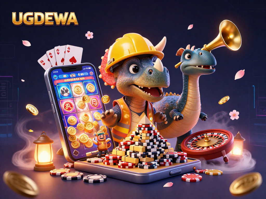 Experience the excitement at UGDEWA with a vivid 3D illustration of a triceratops building poker chips while celebrating!