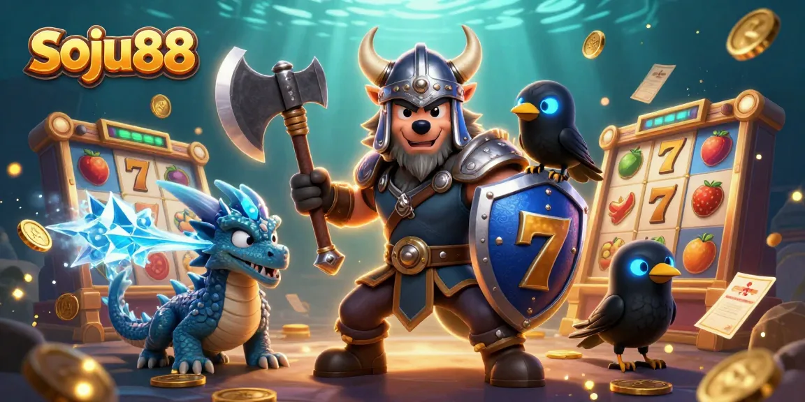 Experience thrilling adventures with soju88 in this dynamic 3D casino scene featuring a Viking wolf hero.