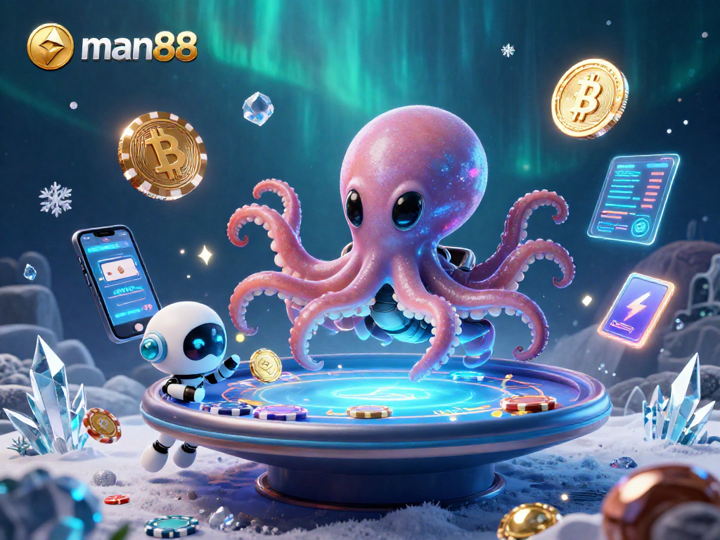 man88 - An alien octopus operates a holographic poker table amidst glowing cryptocurrencies in an underwater scene.