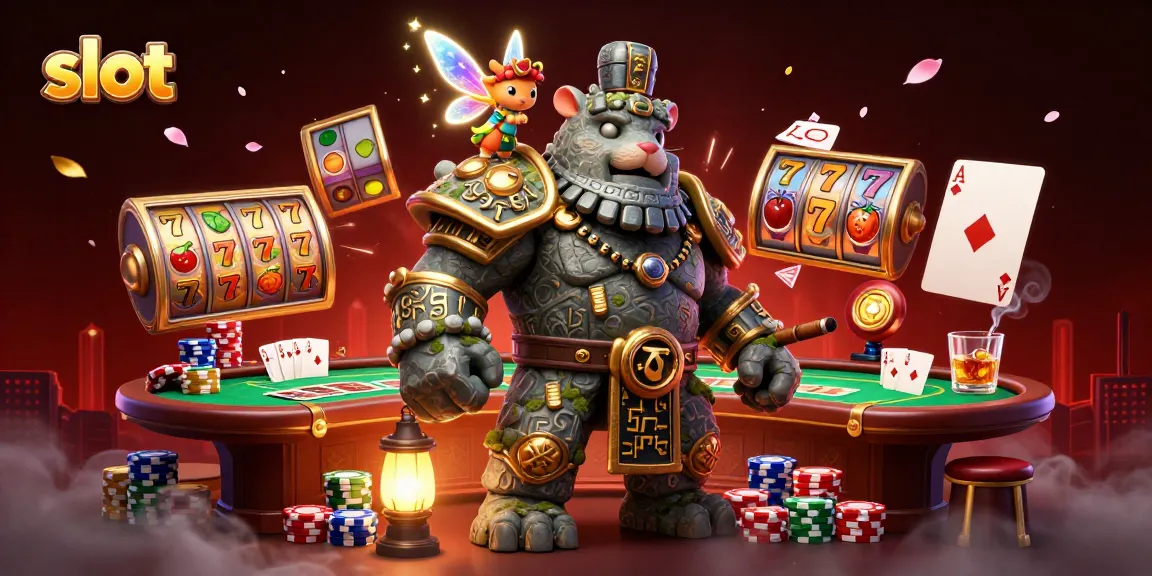 Slot yang memikat dengan berbagai simbol, golem kuno, dan peri bercahaya yang menggambarkan suasana permainan yang menarik.