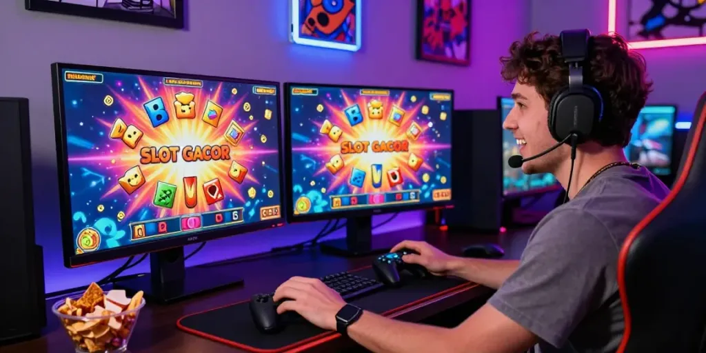 Permainan SLOT GACOR online dengan pemain antusias di lingkungan gaming modern.
