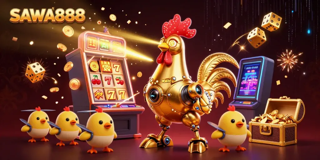 Win big with SAWA888's dynamic golden rooster robot and vibrant casino elements.
