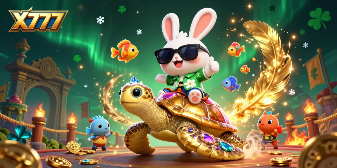 X777 takes center stage in this vibrant gaming scene featuring a lucky rabbit and a golden turtle amidst dynamic casino elements.