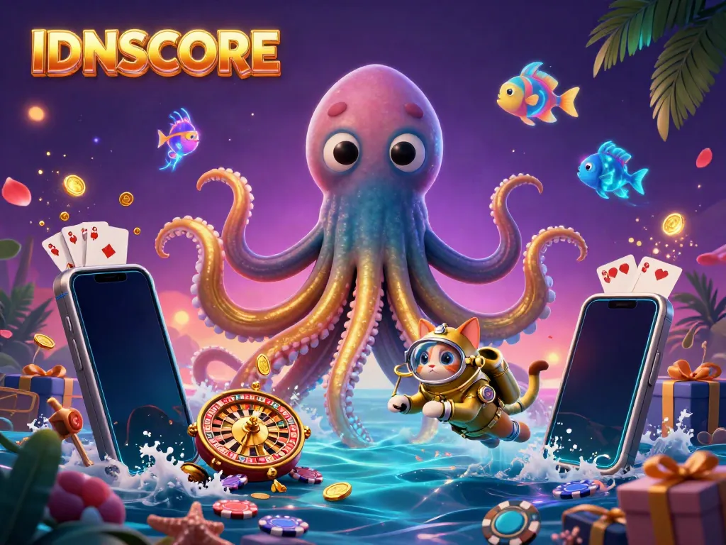 IDNSCORE encourages players with thrilling ocean-themed games, showcasing colorful slots and engaging character designs.