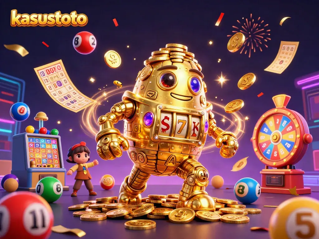 Kasustoto memperlihatkan golem emas 3D dikelilingi bola lotere berwarna-warni dan efek cuaca menarik.