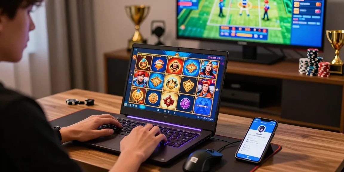 Exciting sniperslot gaming scene with player using laptop for online slots.