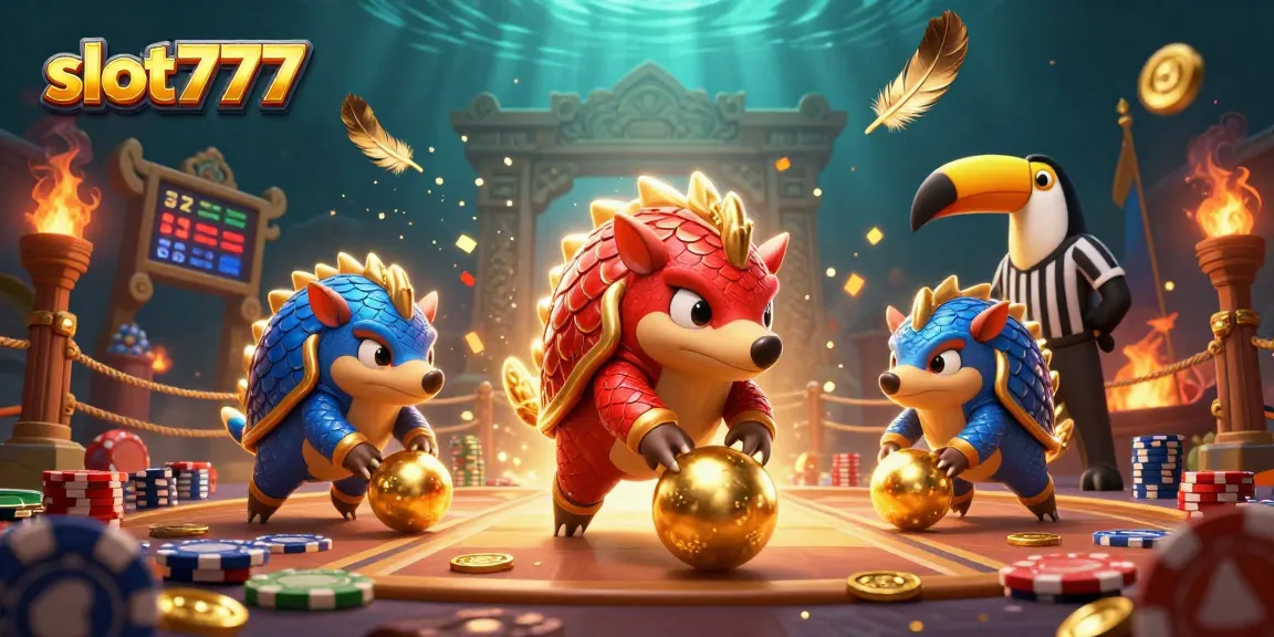 Engage with slot777’s dynamic gaming scene featuring rival pangolins in a competitive casino setting.