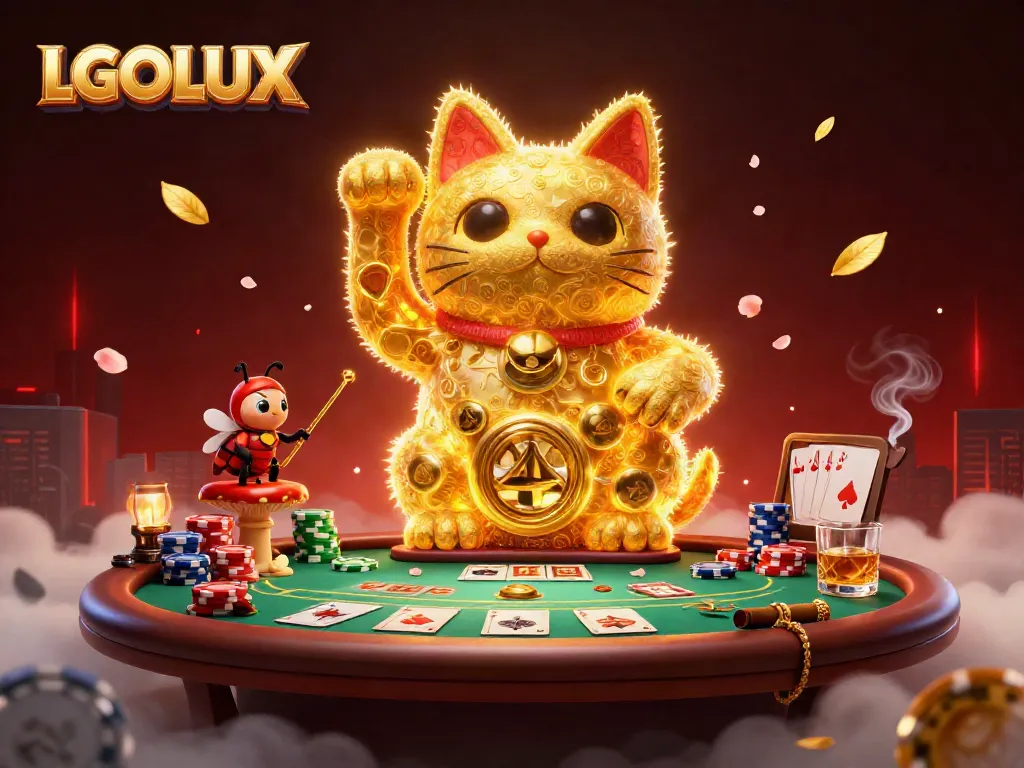 LGOLUX's promotional 3D illustration showcases a lucky cat and dynamic casino symbols invoking excitement in gaming.
