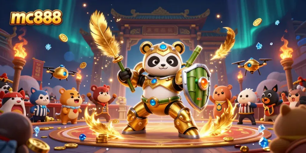 mc888 menghadirkan pertarungan menarik di arena slot dengan panda emas dan robot bambu dalam suasana yang penuh semangat.