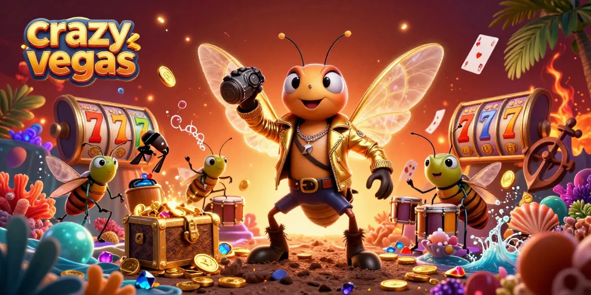 Crazyvegas showcases a vibrant cartoon cicada rock star in a dynamic casino scene filled with slots and coral elements.