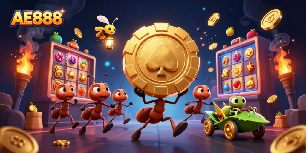 Engage in exciting gameplay at AE888 with a heist-themed illustration of animated characters stealing a giant poker chip.