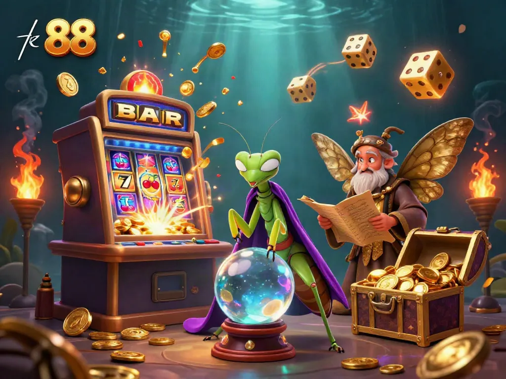 Engage with tk 88 through an enchanting world of slots and fortune, featuring mystical characters and vibrant casino elements.