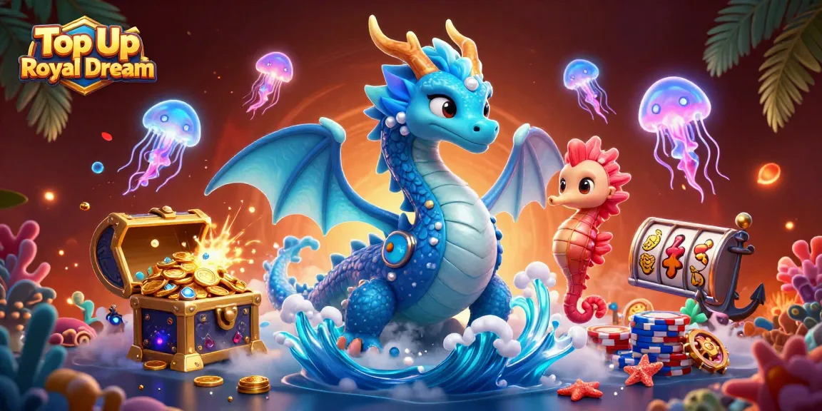 Engage with Top Up Royal Dream, featuring a vibrant scene of dragons, knights, and casino elements for immersive gaming.