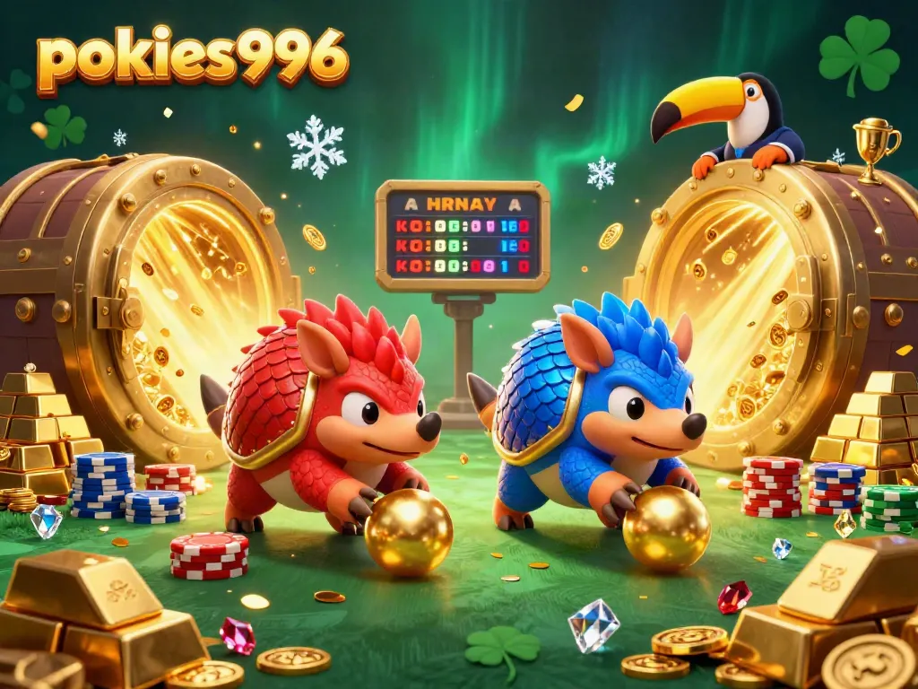 Experience the thrill of pokies996 as pangolins roll golden balls into poker chips amidst dazzling rewards.