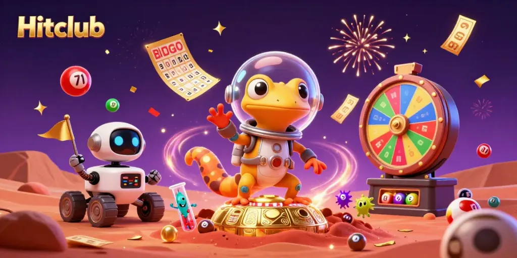 Celebreate gaming fun with Hitclub's Martian gecko discovering a golden casino in Mars' red sand.