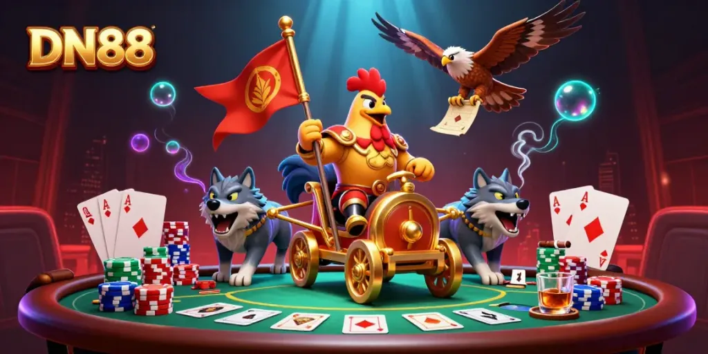 Engage with DN88's thrilling gaming world, featuring a rooster warlord and immersive casino elements.