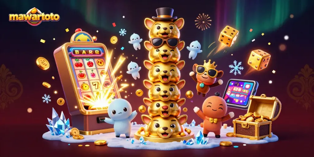 Mawartoto engages players with a thrilling slot machine jackpot illustration depicting excitement and winning potential.